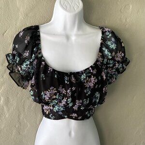 2Bella FLORAL CROPPED SHEER TOP LG NWOT